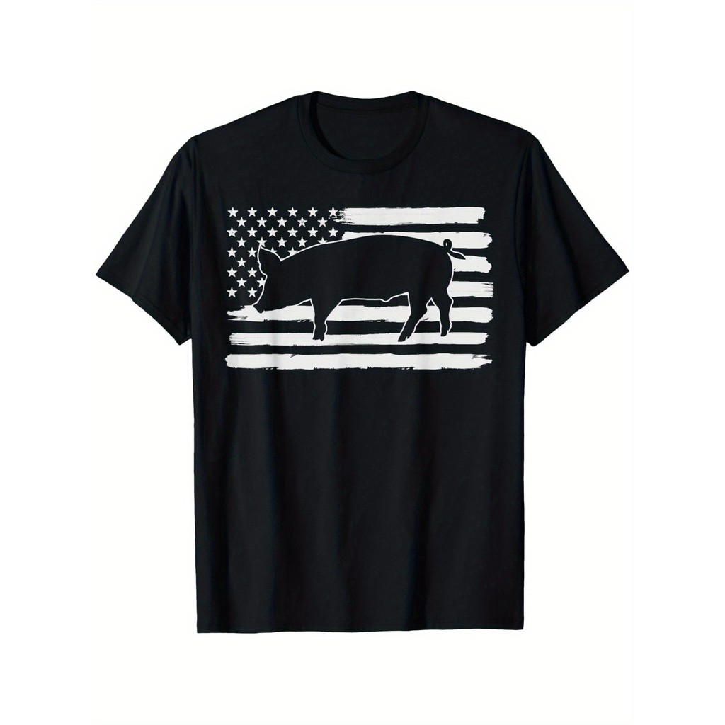 Mens Patriotic 4th of July USA Flag เสื้อยืดดีไซน์หมู - ผ้าฝ้ายสบายพิมพ์ธงชาติอเมริกันสีดําและสีขาว,