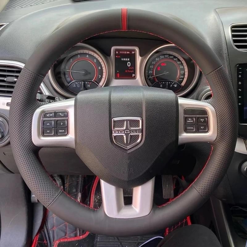 มือเย็บสีดําลื่นหนังแท้พวงมาลัยรถสําหรับ Dodge Charger Challenger 2011-2014 อะไหล่รถยนต์