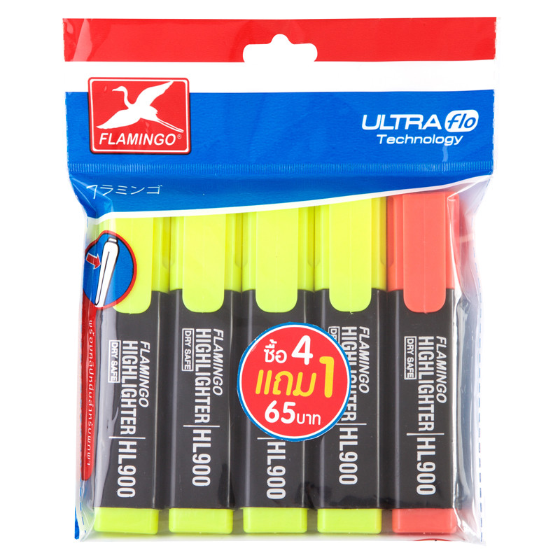 FLAMINGO ปากกาเน้นข้อความ รุ่น HL900 สีเหลือง คละสี (4+1 แท่ง)