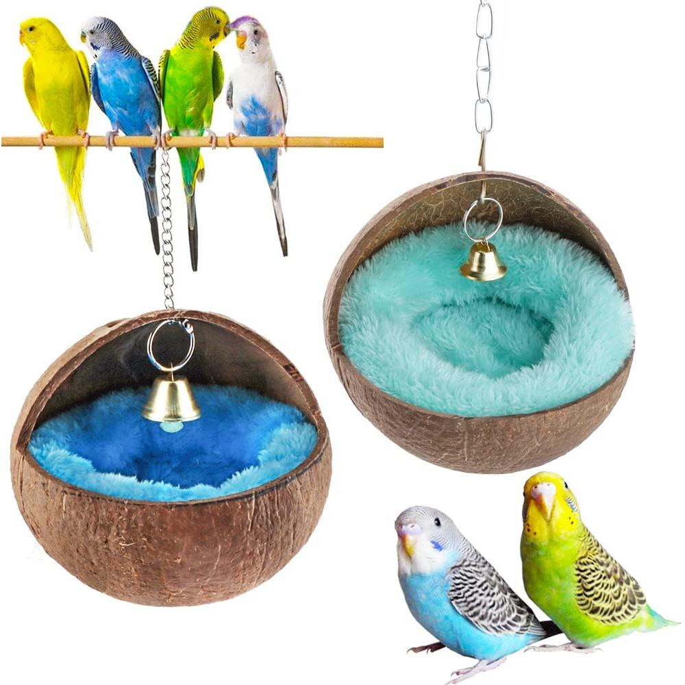 2 ชิ้นธรรมชาติกะลามะพร้าว Bird Nest House Bed Breeding Nesting Anti-Packing Bite พร้อม Warm Pad และ 