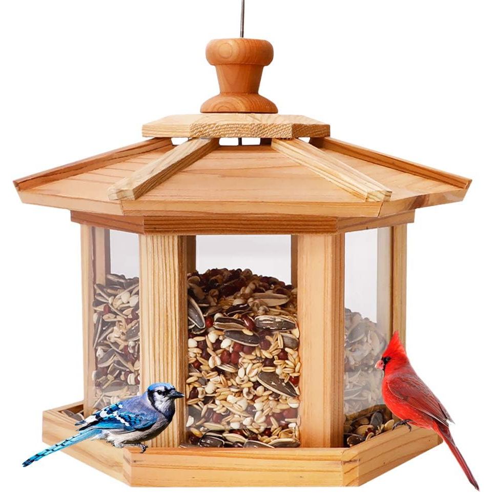 Solution4Patio Bird Feeder สําหรับกลางแจ้ง - USA Cedar Hexagon Gazebo Bird Feeders พร้อมถาดตาข่าย Ve