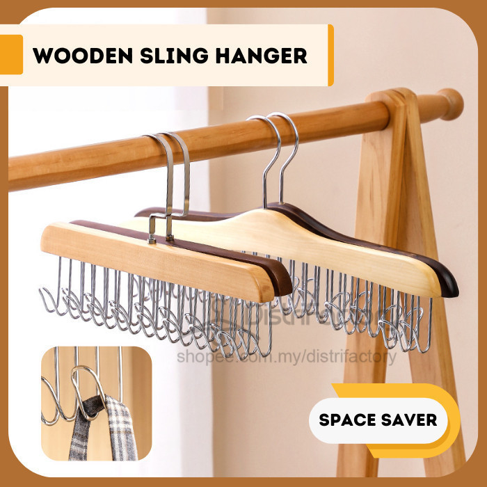 Solid Wood Hanger with 8 Metal Hooks for Hanging Belts, Necklaces, Swimsuits, Ties, Scarves, Bras Wo