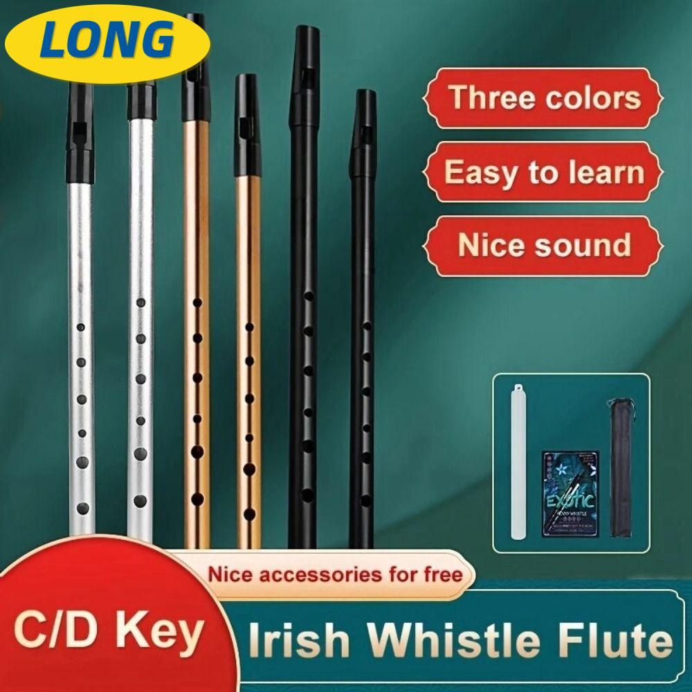 LONNGZHUAN นกหวีดดีบุกอลูมิเนียม, Easy-to-learn C/D Key Irish Whistle ขลุ่ย, แบบพกพา 6 หลุม Rich Ton