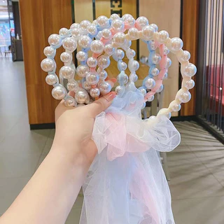 ที่คาดผมประดับมุก ที่คาดผมริบบิ้นลูกไม้ที่สามารถถักเปียได้ สไตล์เจ้าหญิงแสนหวาน