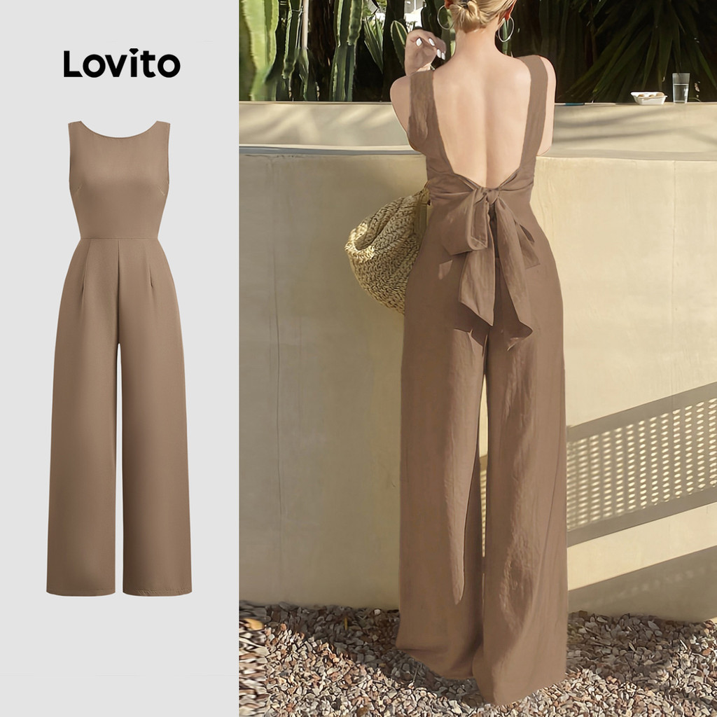 Lovito ชุดจ็อบส์บูทโบฮ์แบบผูกหลัง สำหรับฤดูใบไม้ผลิ/ฤดูร้อน สีกากี สำหรับผู้หญิง L149ED078