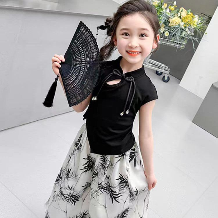 ชุดจีนสไตล์โบราณแขนสั้นและกางเกงขากว้างสีดำ พร้อมสต็อก - รูปที่ 2