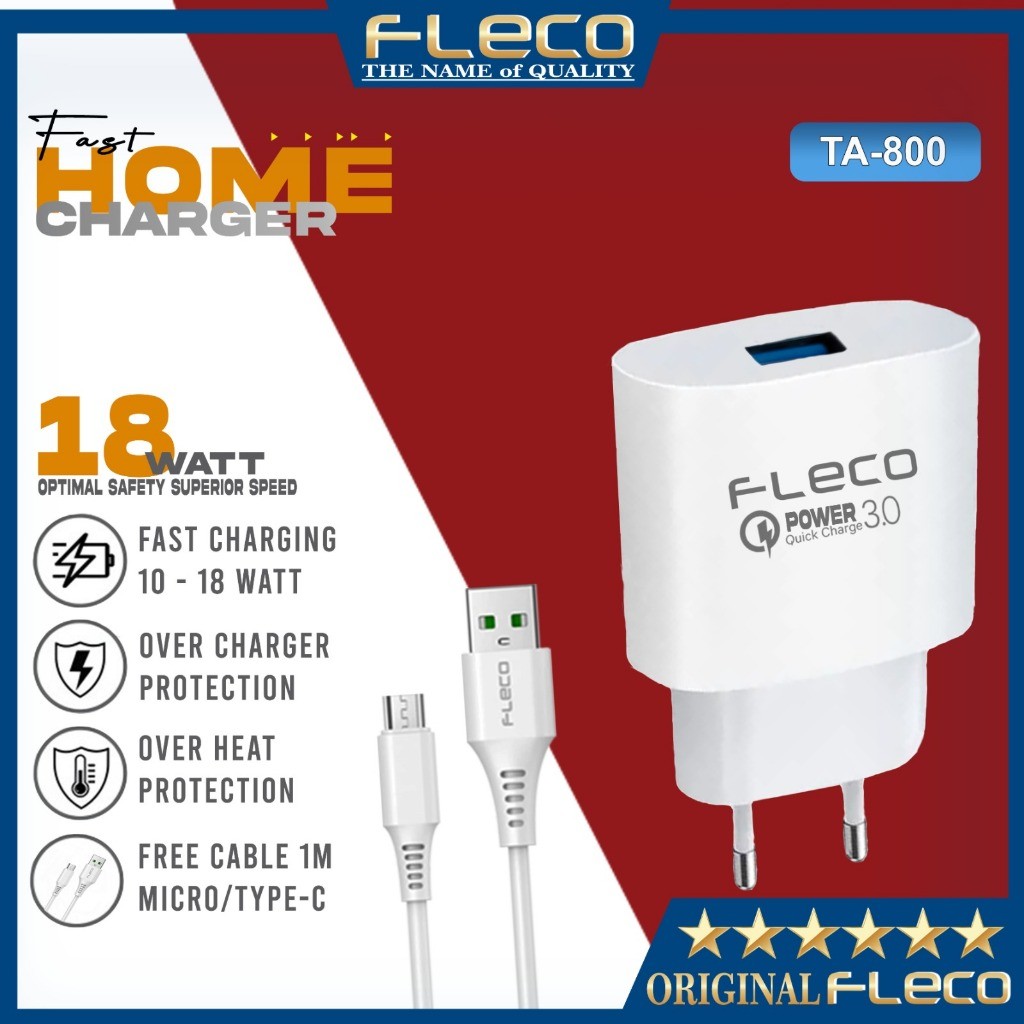 FLECO TA-800 TC Travel Charger Adapter ปลั๊ก USB 1 18 วัตต์ Quick Fast Charging ฟรีสาย Micro Type C 