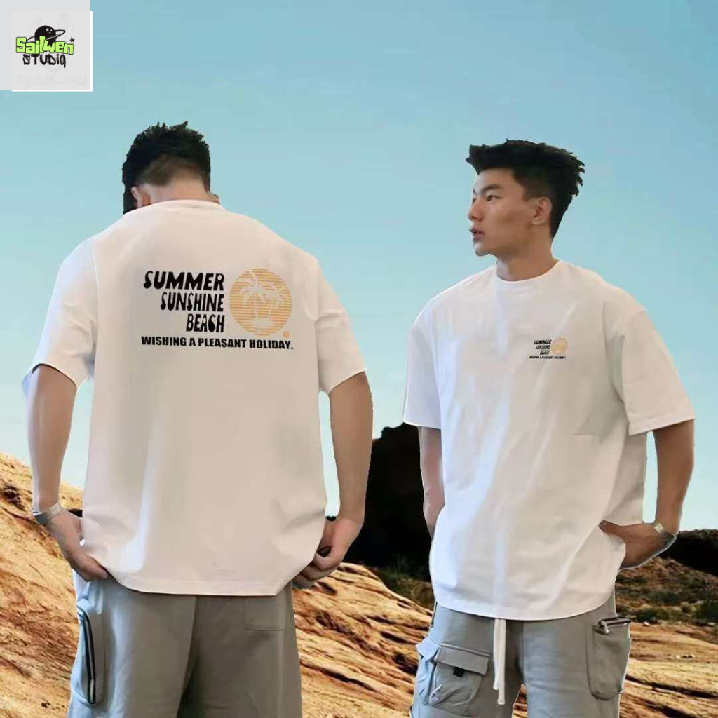 เสื้อยืดแขนสั้นทรงหลวมสไตล์อเมริกันสุดเท่สำหรับผู้ชาย คอกลม พิมพ์ลายตัวอักษรแฟชั่นฤดูร้อน
