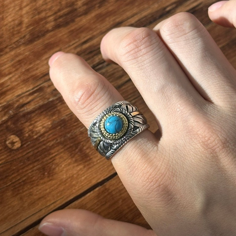 จัดส่งฟรี GOROS s925 เงินสเตอร์ลิง Seiko Takahashi Goro Turquoise Feather เปิดแหวน