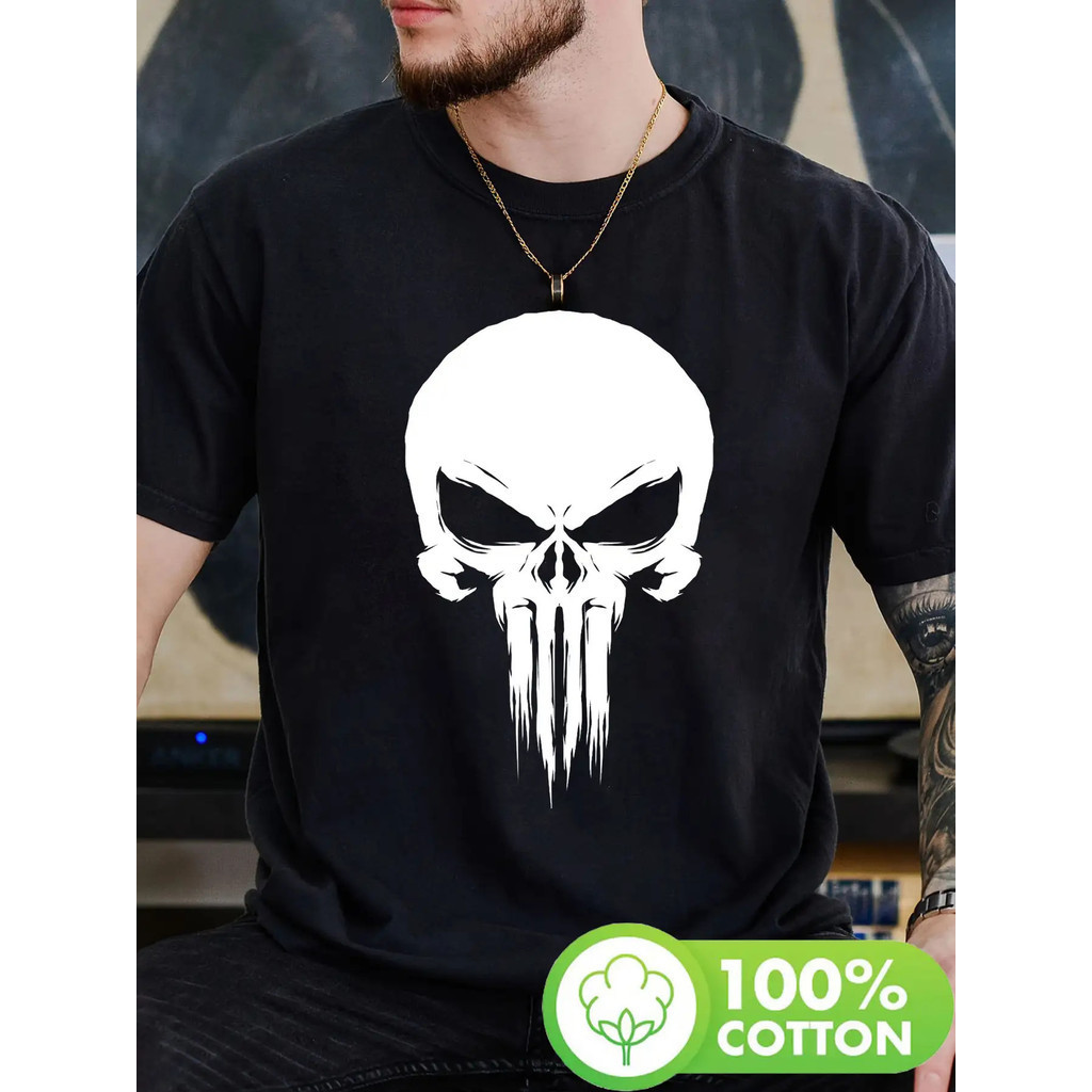 เสื้อยืดกราฟิก Marvel Punisher - ผ้าฝ้าย สีดำ ลายหัวกะโหลกสีขาวและคอวี แขนสั้น