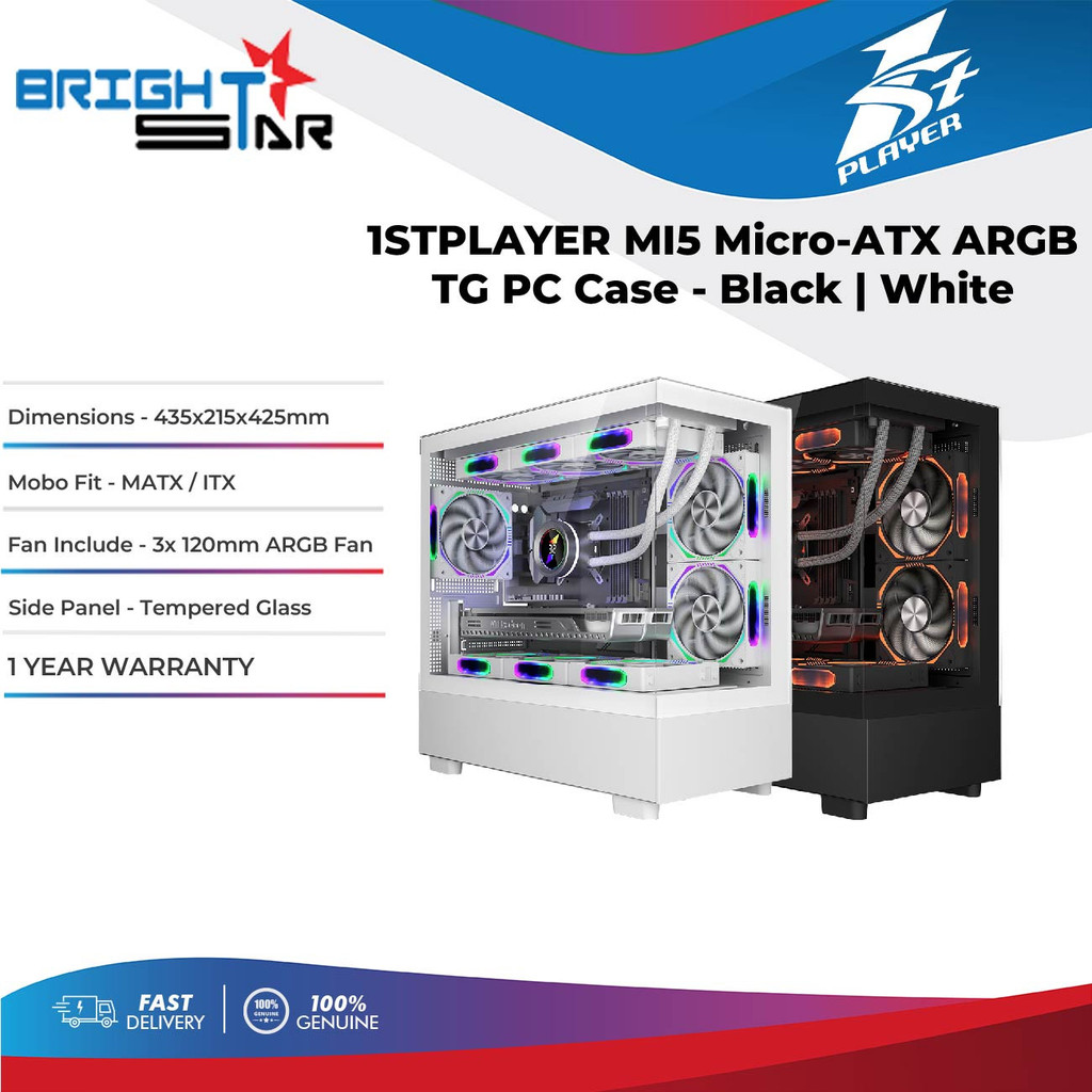 1STPLAYER MI5 MATX TG 3x 120 มม. ARGB Fans PC Case - สีดําสีขาว