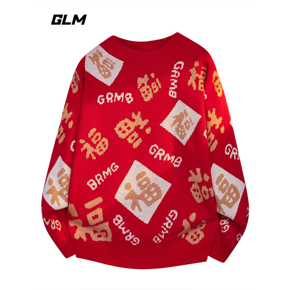 GLM เสื้อกันหนาวผู้ชาย ดีไซน์รอบคอดูเก๋ สีแดง ถักอย่างประณีต เหมาะสำหรับฤดูหนาว