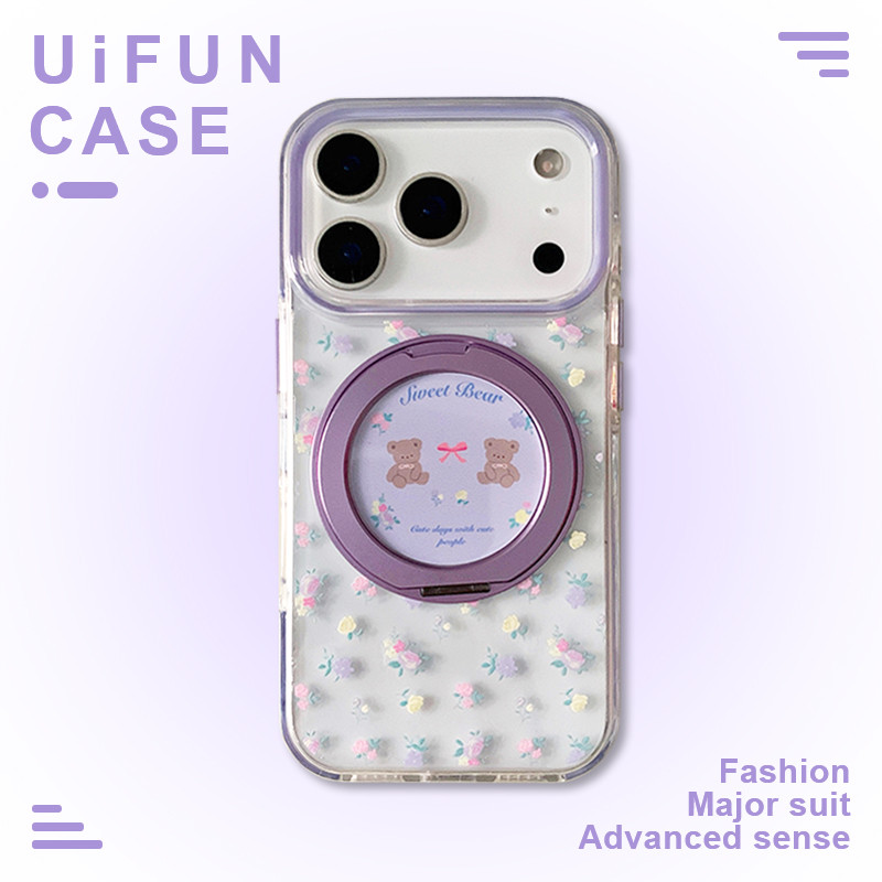ดอกไม้สีสันสดใส Bowknot Bear ขาตั้งพับได้เคสมือถือเข้ากันได้สําหรับ iPhone 17 16 15 14 Pro Max 13 17Pro Drop Resistance Hard อะคริลิคฝาหลัง