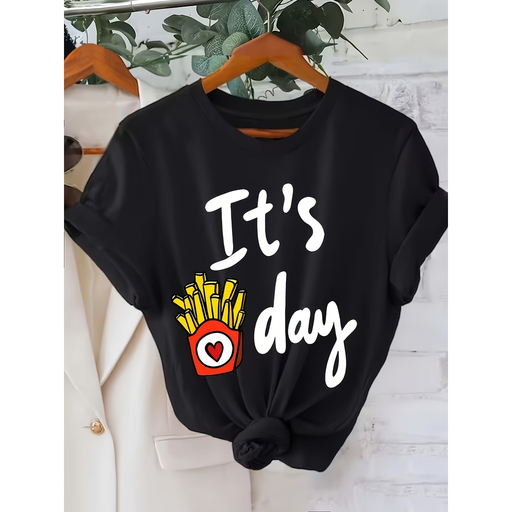 ผู้หญิง เสื้อยืดพิมพ์ลาย "This Is Day to Day" Fries&Frites - เสื้อแขนสั้นคอกลมแบบสบายพร้อมกราฟิก เสื