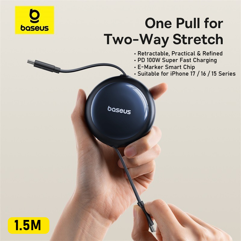 Baesus Retractable 100W USB C Super Fast สายชาร์จสําหรับ iPhone 17 16 15 Plus Pro Max MacBook Pro Sa