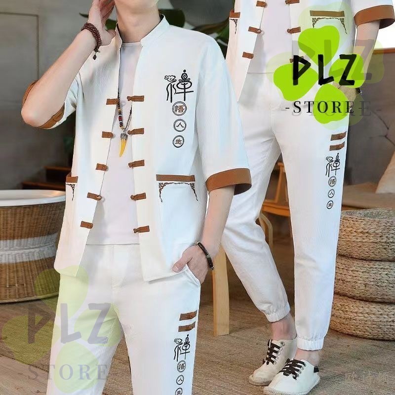 男 Dang 2026 CNY ฤดูร้อนชุดสไตล์เสื้อสเวตเตอร์ถักผู้ชายเสื้อยืดแขนสั้น Stand-Up Collar Tang Suit Tang