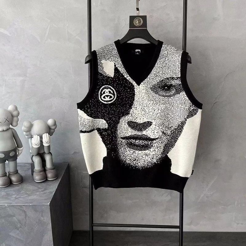 ชุดอิสระ Stu เสื้อกันหนาว Face Vest ผู้ชายผู้หญิง Spoof เสื้อกั๊กถัก Face Pullover Top