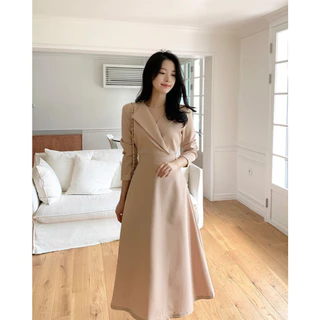 มินิมอล สีฟ้าอ่อน เดรสคอ V แขนยาว รัดเอว เดรสยาว ออกงาน อ๊อฟ ใส่สบาย ลมพัด ขนาด S-3XL 💙