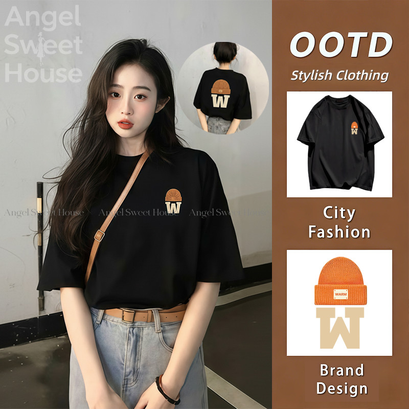 （จัดส่งตลอด 24 ชั่วโมง）Angle Official เสื้อยืดคอกลมแขนสั้นหลวมสไตล์เกาหลีสำหรับผู้หญิง เสื้อทีชสีดำ