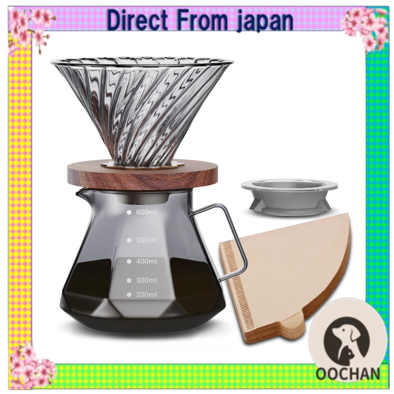 ESTVLB Coffee Server Heat-Resistant Glass Wooden Holder Coffee Dripper 600ml with Measurements for 2