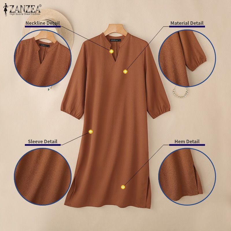 ZANZEA ชุด A-Line แบบเกาหลี แขนสาม_quarter ซิลม์ฮีม สำหรับใส่ลำลอง — صورة 7