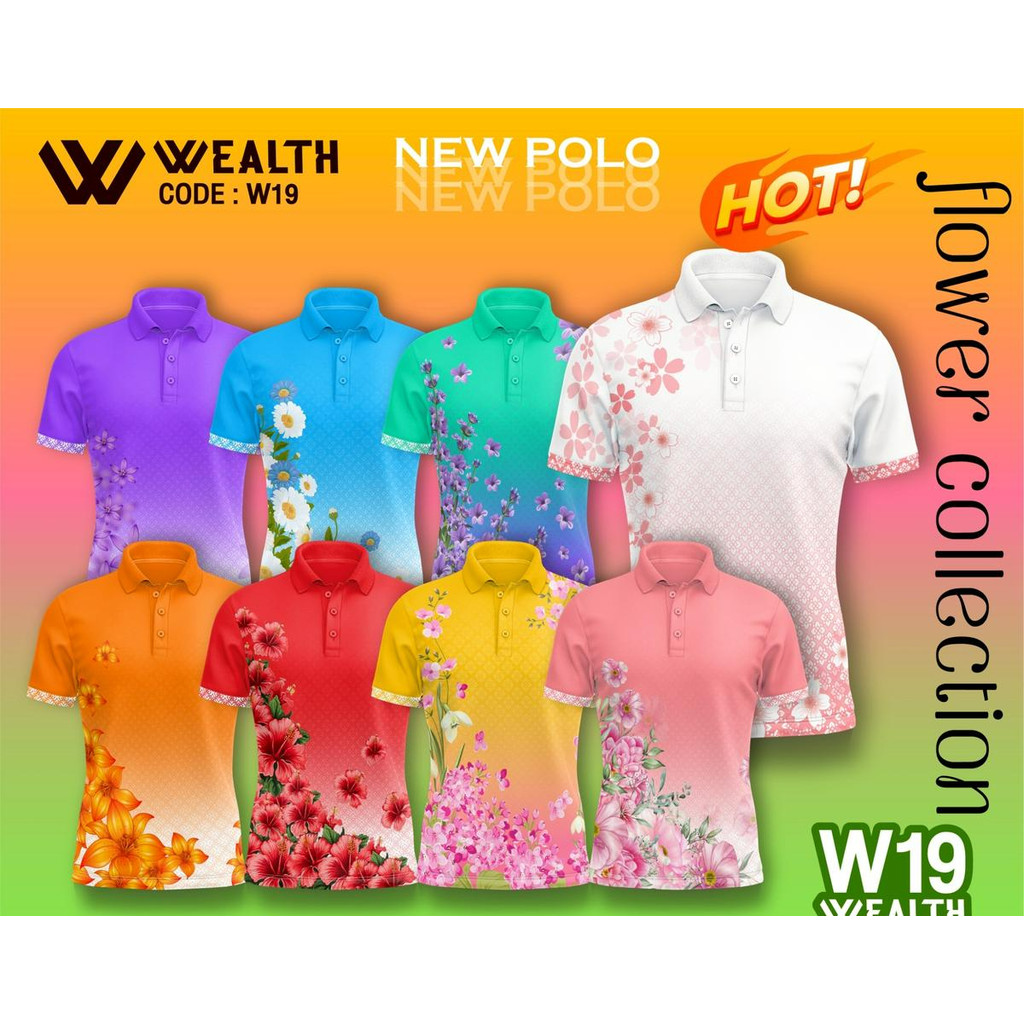 Wealth W19 | เสื้อโปโล คอปก ลายดอกไม้ ไซส์เยอะ ผ้าใส่สบาย ไม่ต้องรีด ใส่ได้ทั้งผู้ชายและผู้หญิง
