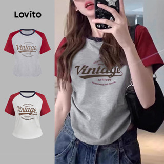 Lovito เสื้อยืด สีคัลเลอร์บล็อก สีพื้น สไตล์ลำลอง สำหรับผู้ห…