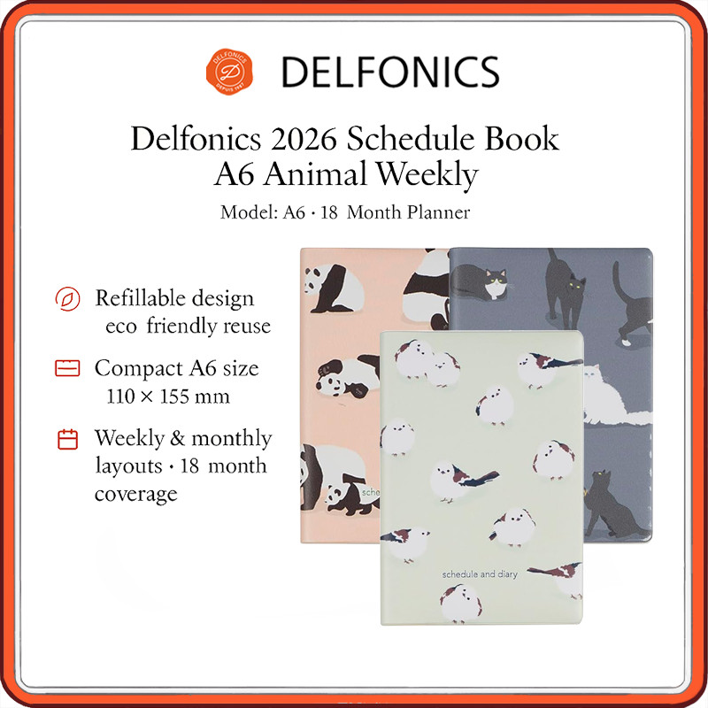 Delfonics 2026 A6 Animal Weekly Planner – Compact 18-Month Refillable Schedule Book (Oct 2025 Start,