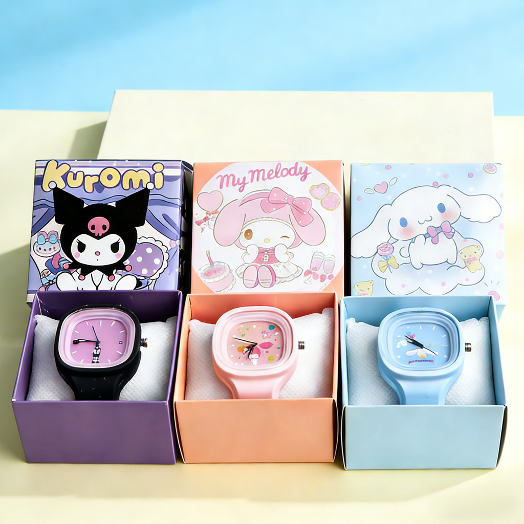 นาฬิกาSANRIO คุโรมิ สำหรับเด็กหญิง แบบสแควร์ สายซิลิโคน นาฬิกาควอตซ์คุณภาพสูง