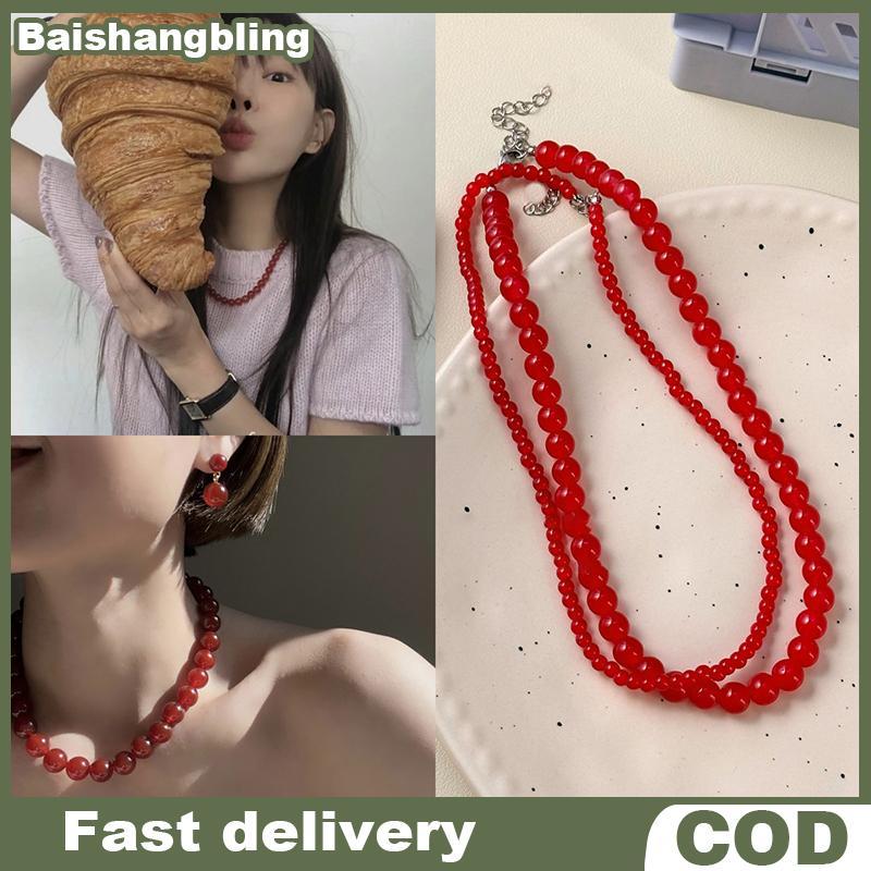 BSBL สร้อยคอมากี้สีแดง หินธรรมชาติ agate ประดับด้วยลูกปัดชุบทอง สำหรับผู้หญิง