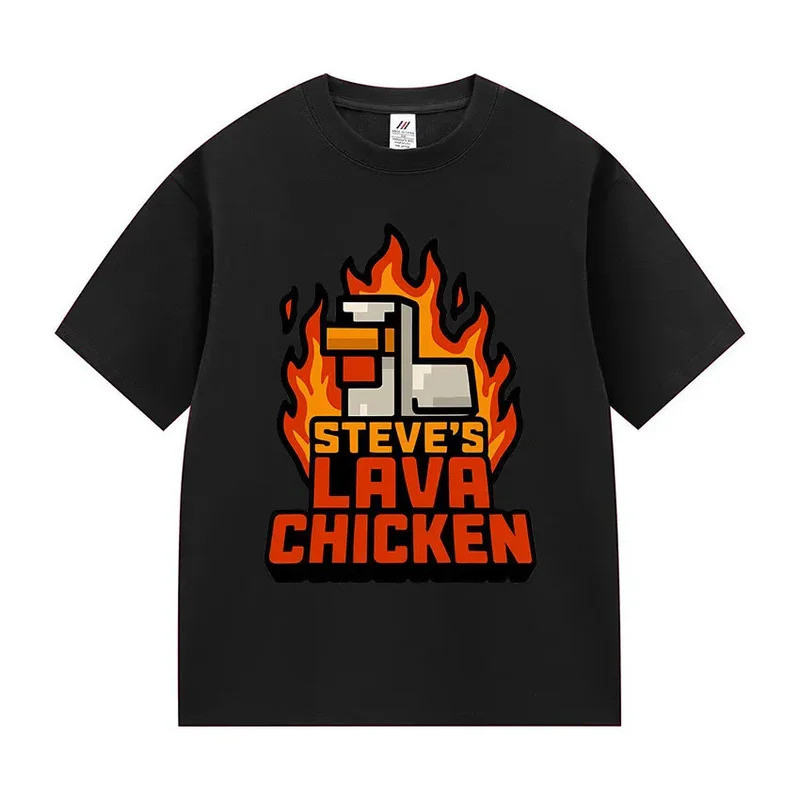 เสื้อยืดลายมีมตลก "Steve's Lava Chicken Jockey" สำหรับผู้ชายและผู้หญิง แฟชั่นอารมณ์ขัน เสื้อยืดผ้าฝ้