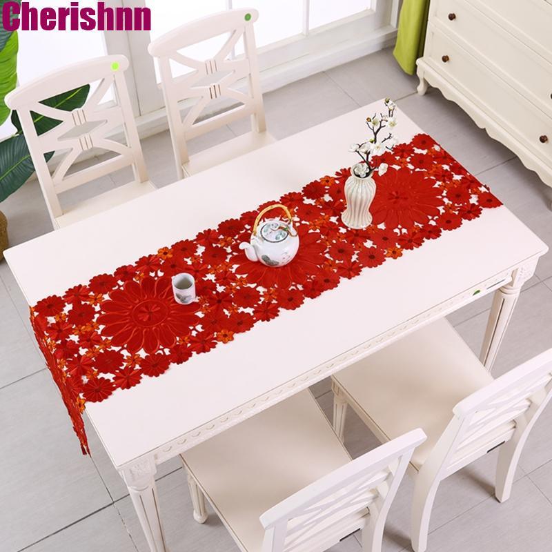 CHERIS Christmas Flower Table Runner ปัก Poinsettia Holly Leaf Table Runner