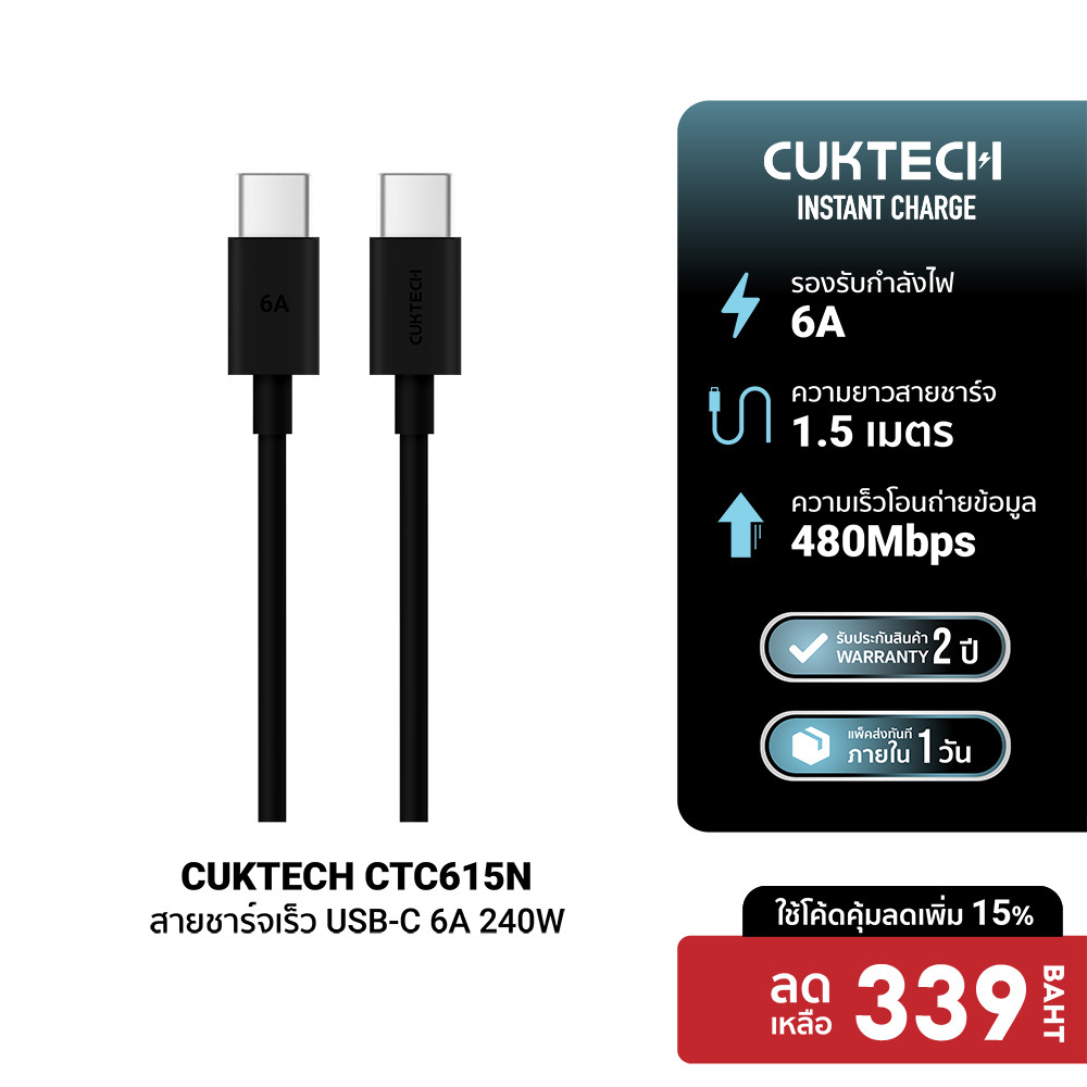 [ลดเหลือ 339] CUKTECH CTC615N 6A 240W สายชาร์จเร็ว USB-C ความยาว 1.5 เมตร รองรับชาร์จ PD3.1 -2Y