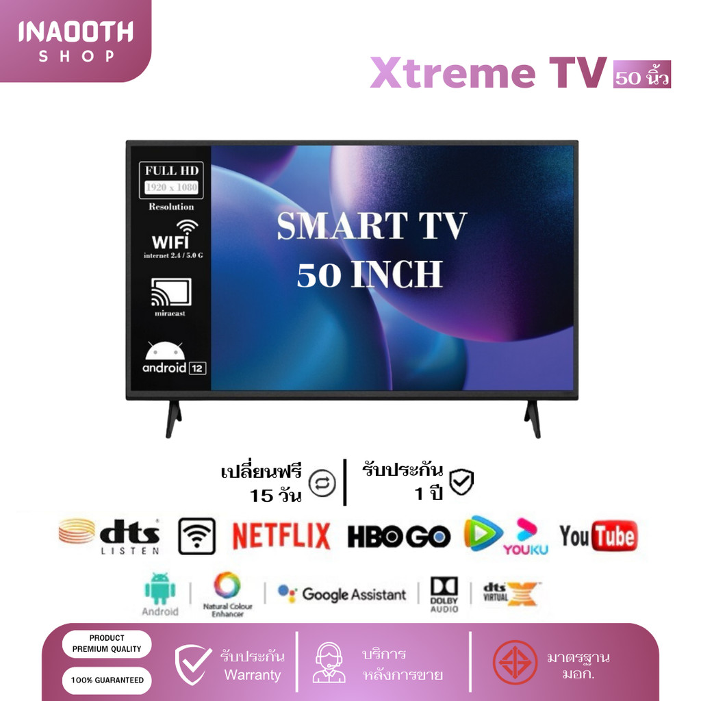🔥 Smart TV 50” Android 12 ดู Netflix/YouTube คมชัด 1080P