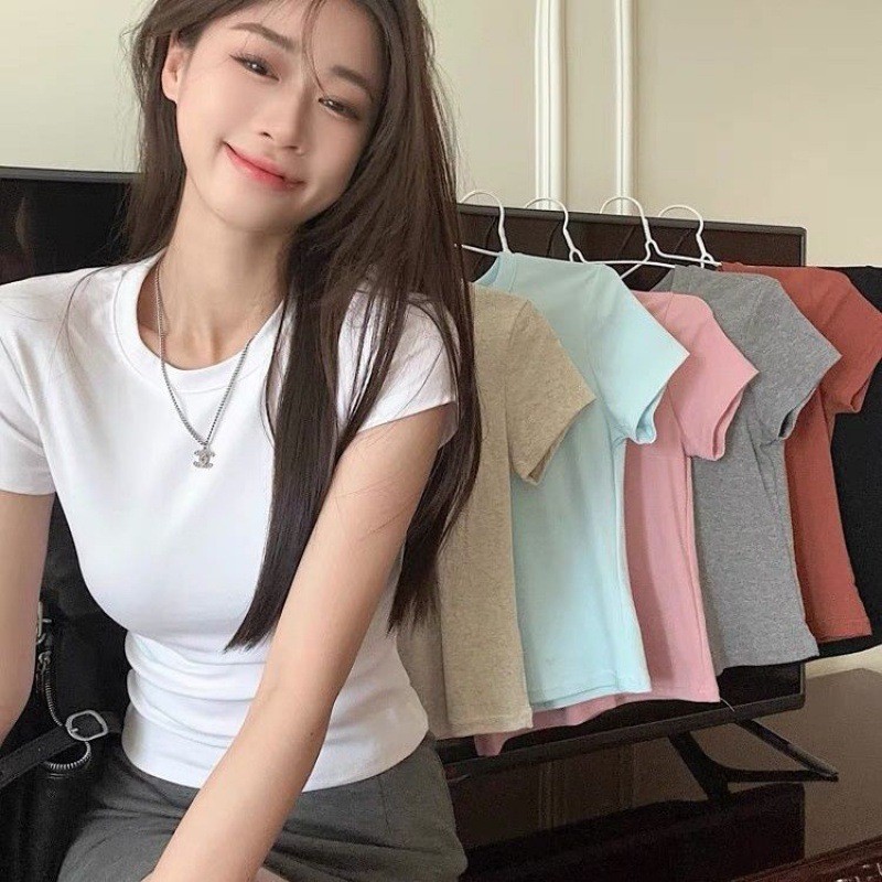 ยืด Slim-fit แขนสั้นรอบคอ Slimmer ดู Casual Match ผู้หญิงด้านในผู้หญิงเกาหลีแน่น tw เสื้อรัดตัวดูฤดู