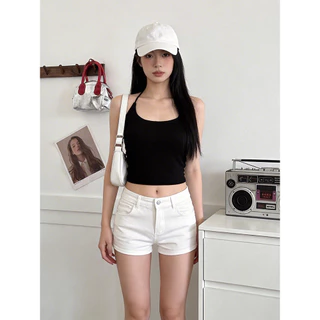 Vogue🌟พร้อมส่ง🌟 เสื้อครอปคล้องคอ มีฟองน้ำ รัดรูปสีพื้น ผ้านิ่มยืดตามตัว (FY2769)