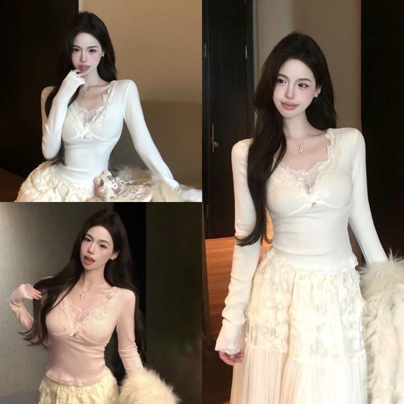 💘Bonnie💘เสื้อแขนยาว คอวีดีเทลขอบลูกไม้ ยืดตามตัว สีพาสเทล เข้ารูป เสื้อผู้หญิง ใส่สบาย แฟชั่น แมตทุกลุค