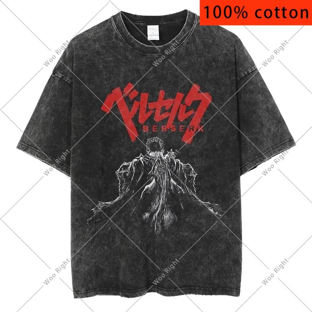 (จัดส่งตลอด 24 ชั่วโมง)WR ฤดูร้อนผู้ชายล้างผ้าฝ้ายเสื้อยืดคอกลม "BERSERK" พิมพ์แขนสั้นพอดีหลวม Vintage ทำเก่าด้านบน