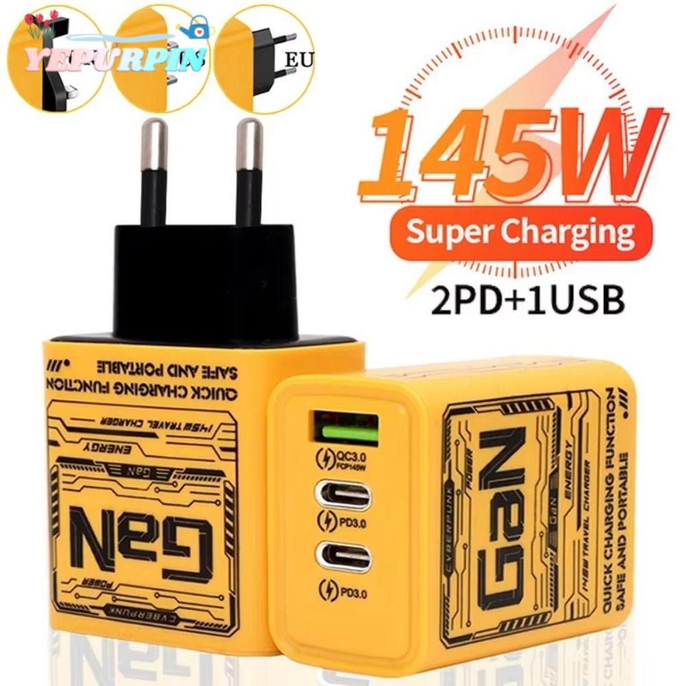 NOWNICE อะแดปเตอร์ชาร์จโทรศัพท์, USB A + C 3 พอร์ต 145W GaN ปลั๊กชาร์จ, Fast Charging EU/US/UK PD QC