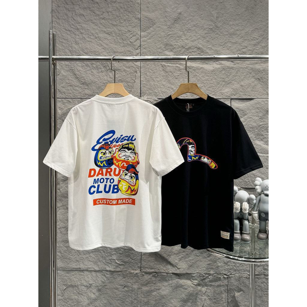 EVISU/God of Fortune 2026 คลาสสิกรอบคอแขนสั้นเสื้อยืดผู้ชายผู้หญิงสบายๆขนาดใหญ่ใหม่กีฬาสไตล์ Street 