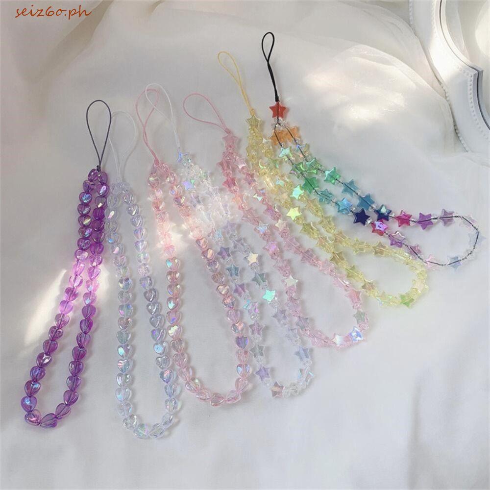 SEIZ6O Star Beaded Phone Chain, จี้ Anti-Lost Heart Beaded Phone Strap, Ins Y2K Star Beaded โทรศัพท์