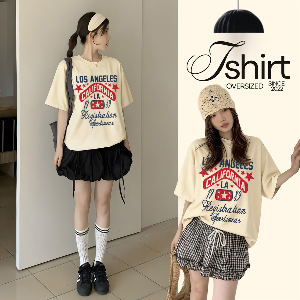 Top.street [COD]เสื้อยืด oversize แขนสั้น cotton100% ใส่สบาย เข้ากับทุกสไตล์ได้  เสื้อผ้าผู้หญิง 'LOS ANGELES' 2026