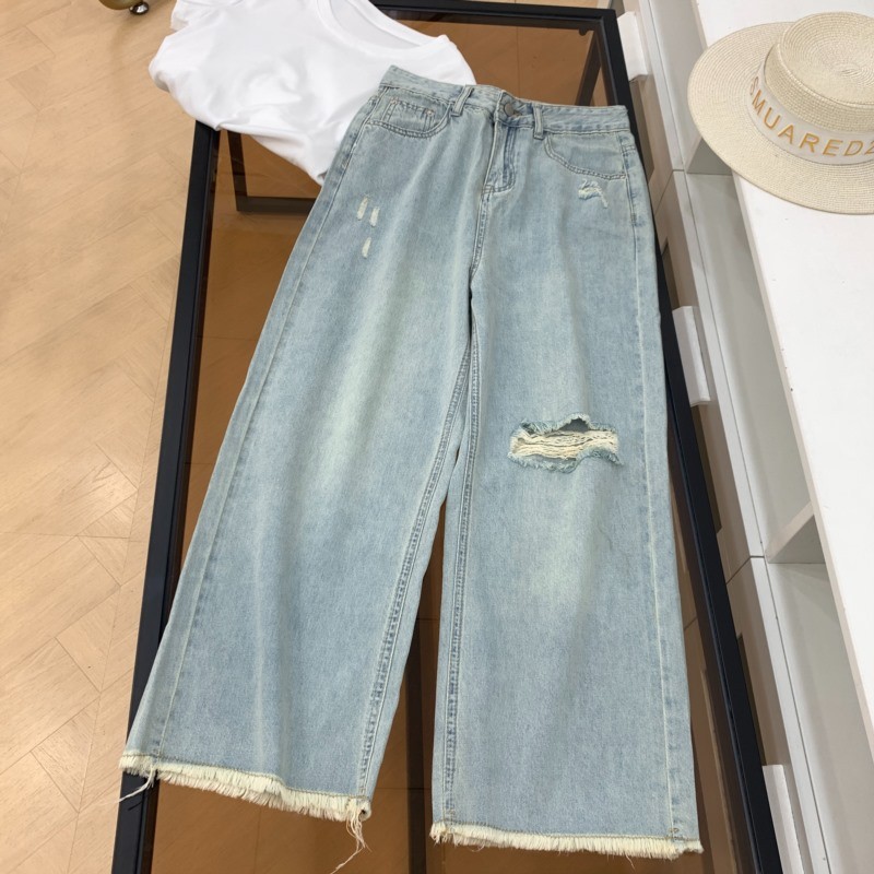 Spring Festival Delivery Retro Jeans 2025 Loose Slimmer Look Frayed Frayed Design Straight-Leg Pants