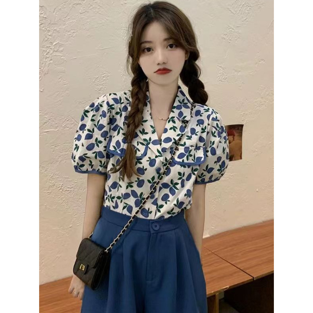 เสื้อสูทคอปกฤดูร้อนลายดอกไม้เสื้อหวานบริสุทธิ์เสื้อเชิ้ตสั้นลำลองหลวม