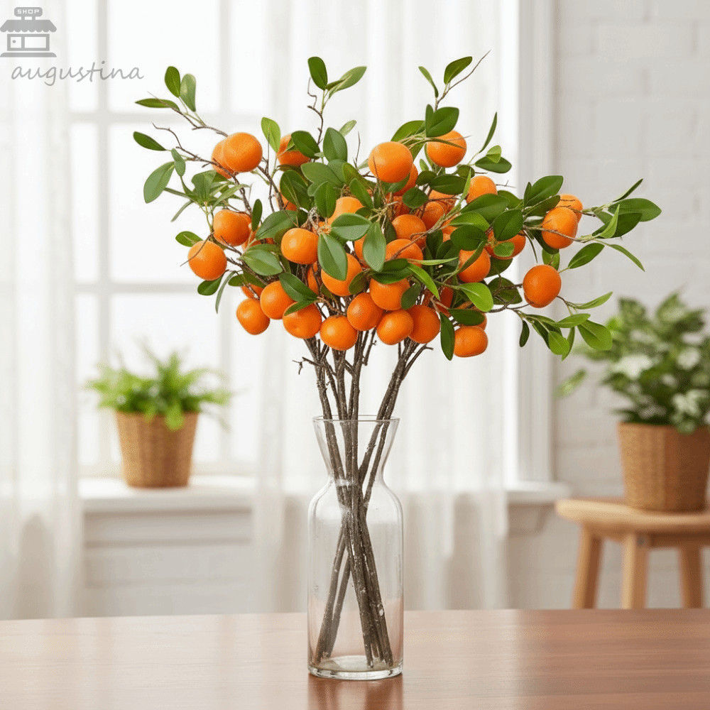 ออกัสติน ประดิษฐ์สาขาผลไม้สีส้มเทียม พลาสติกหรูหรา พร้อมใบสีเขียว อุปกรณ์ถ่ายภาพ ตกแต่งบ้านและสวน
