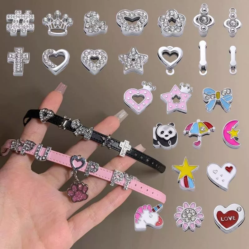 St.kunkka สร้อยข้อมือสายหนัง จี้เพชร DIY ตัวการ์ตูน แพนด้า หัวใจ สายรัด DIY สำหรับปลอกคอสัตว์เลี้ยง 1 ชิ้น