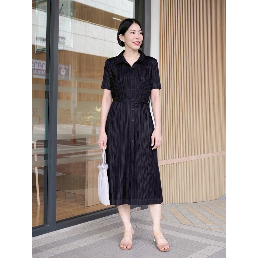 2MUAY รุ่น GJO11784 Mesh Panel Pleated Shirt Dress เดรสอัดพลีทคอปก กระดุมหน้า 5 สี | FREE SIZE