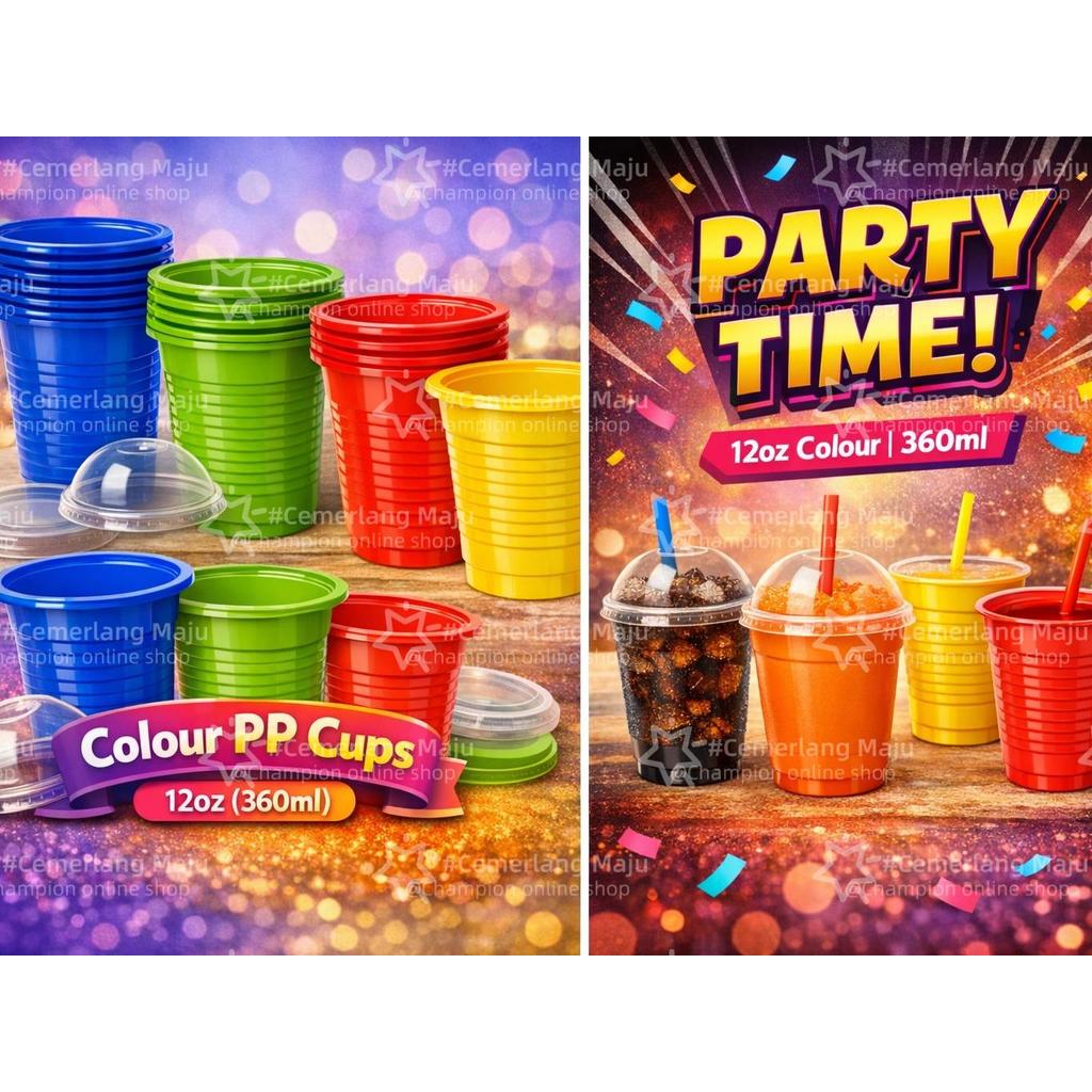 PP Disposable Cup 360ml 12oz 20pcs 4 Colour Plastic Cold Drink Cup Ø95mm
