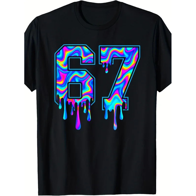 เสื้อยืดลายกราฟิก Men's Swirl Six Seven Drops 67 Meme Gen Alpha Slang - ดีไซน์ตัวเลข 67 สีเรืองแสงนี