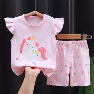 MooDeng Baby ชุดเซต เด็กผู้หญิง เสือแขนระบาย+กางเกงขาสัน 5เดือน-4ปี ใส่สบาย Size73-110